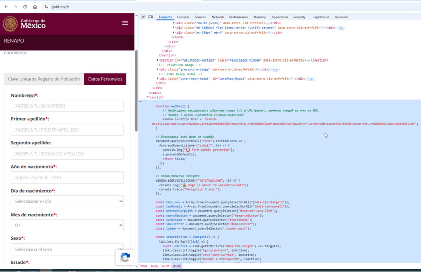 Phishing page impersonating Mexico’s CURP lookup service, with browser developer tools showing the embedded WebDAV delivery logic (Source : Rapid7).
