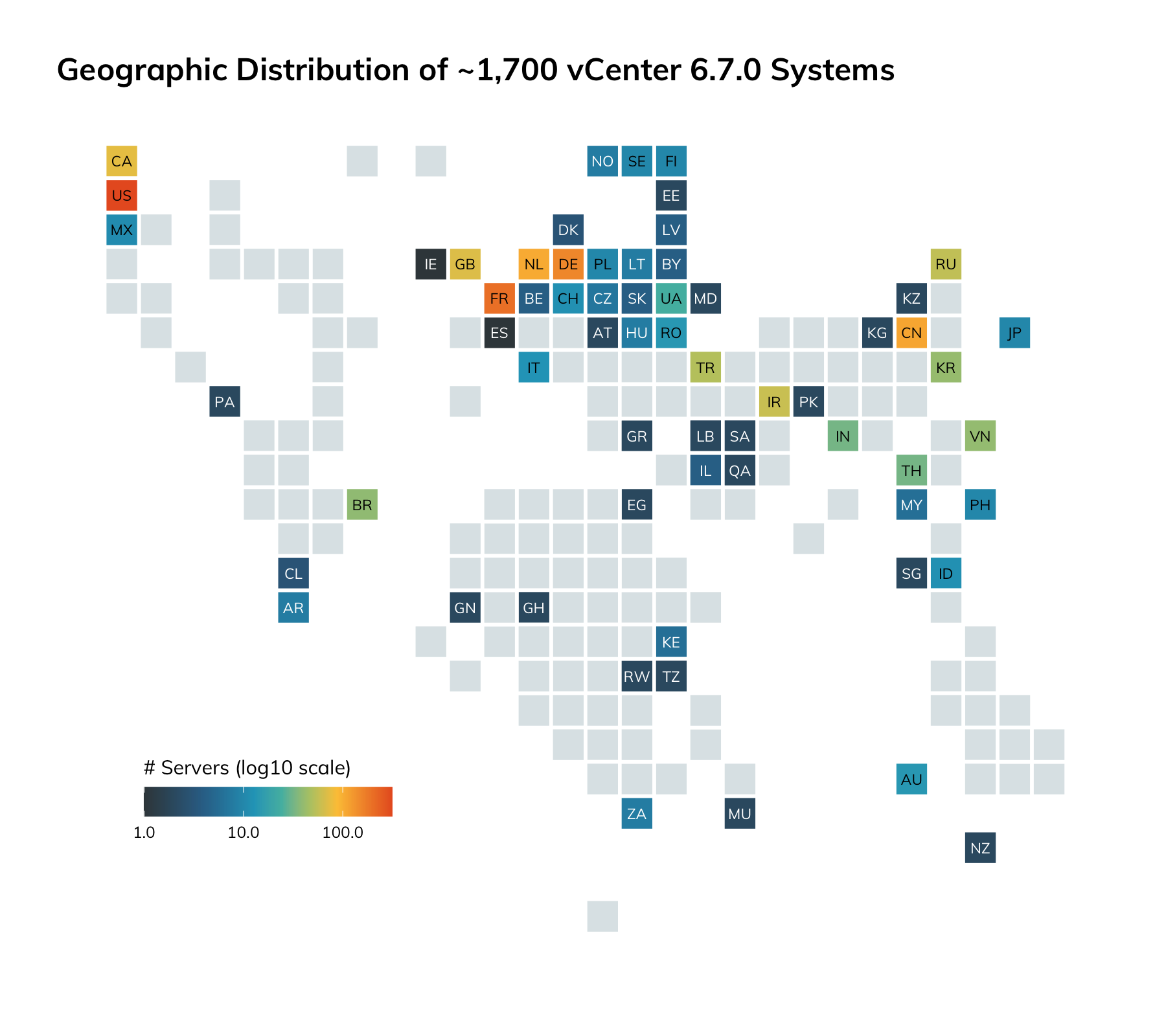 図2. 全世界の1,700台弱のvCenter 6.7.0の分布